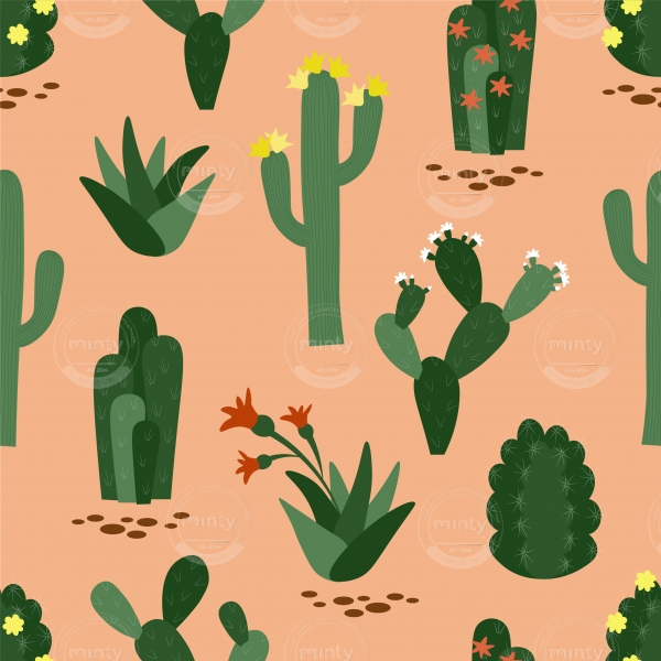 Vector seamless pattern with different cacti. Desert plants on sand background. Texture with green cactus. Blooming succulent.