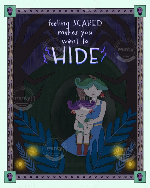 Mom assuring her child that it's okay to hide when you are scared