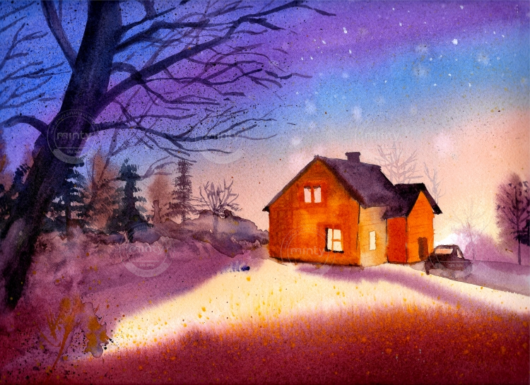 Watercolor Night House Painting