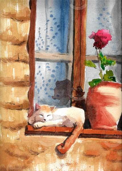 Watercolor Painting of a Cat on the Window