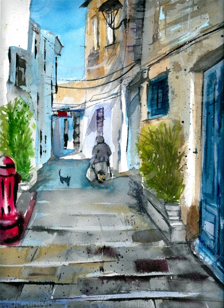 Watercolor Village Street Painting
