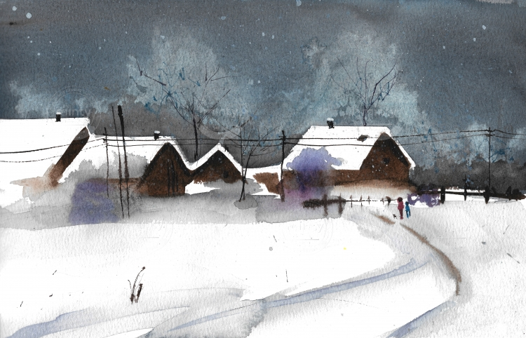 Watercolor Snowy Landscape