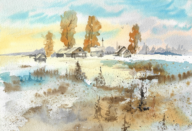 Watercolor Winter Village