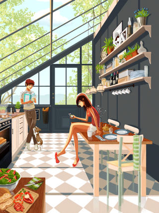 A couple and a dog in a kitchen