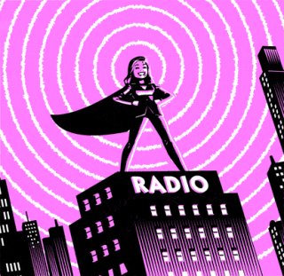 Comic Superhero Woman on Radio Tower, editorial spot illustration animated GIF