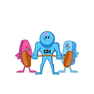 Pharmaceutical CD4 character lifting barbell weights, Truvada HIV pharma medication, animated GIF editorial spot illustration