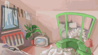 Pastel bedroom with a dresser, a tv and a clothesline, lit by daylight, darkness and a thunderstorm.gif