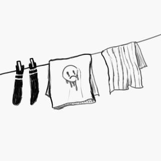 clothesline with socks, a t-shirt with a sad smiley and a striped tea towel drying with the wind.gif