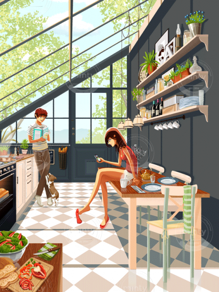 A couple and a dog in a kitchen