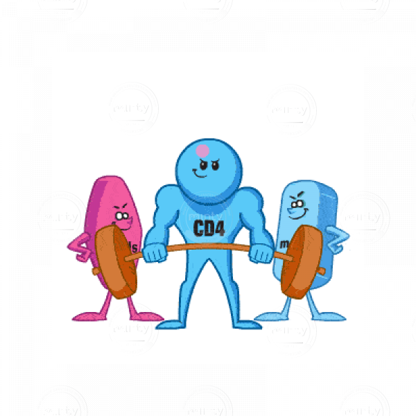 Pharmaceutical CD4 character lifting barbell weights, Truvada HIV pharma medication, animated GIF editorial spot illustration