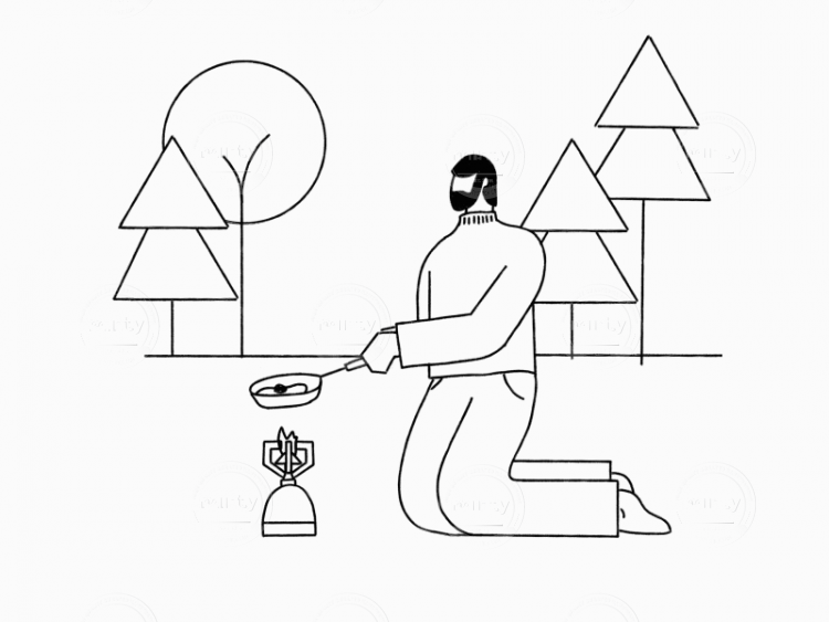 Man preparing fried egg in the forest